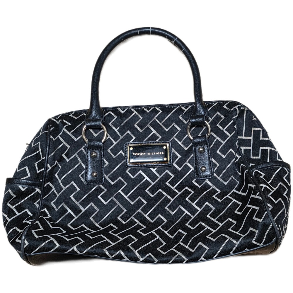 Tommy Hilfiger Satchel Handbag Purse Black White Geometric Print Faux Leather